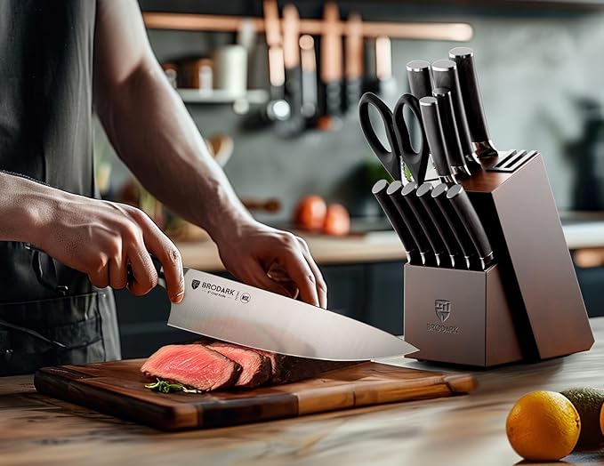 BRODARK Kitchen Knife Set, Ultra Sharp 15 Pcs Knife Set with Block, Full Tang Chef Knives, High Carbon Stainless Steel Knife Block Set with Sharpener, Wooden Handle