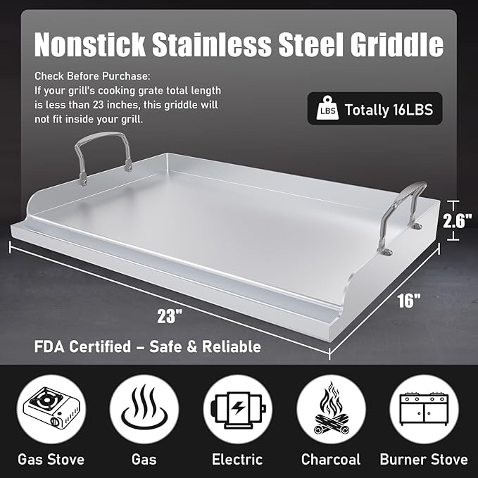 Universal Stainless Steel Cooking Griddle, Nonstick Flat Top Plate Insert for Gas Top Stove and Charcoal Grills, Tailgating, Camping and Parties, 23" x 16" Plancha Para Cocinar