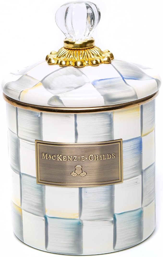 MACKENZIE-CHILDS Small Enamel Canister, Kitchen Storage Container for Flour and Sugar, 1.13 Liters, Grey-and-White Sterling Check