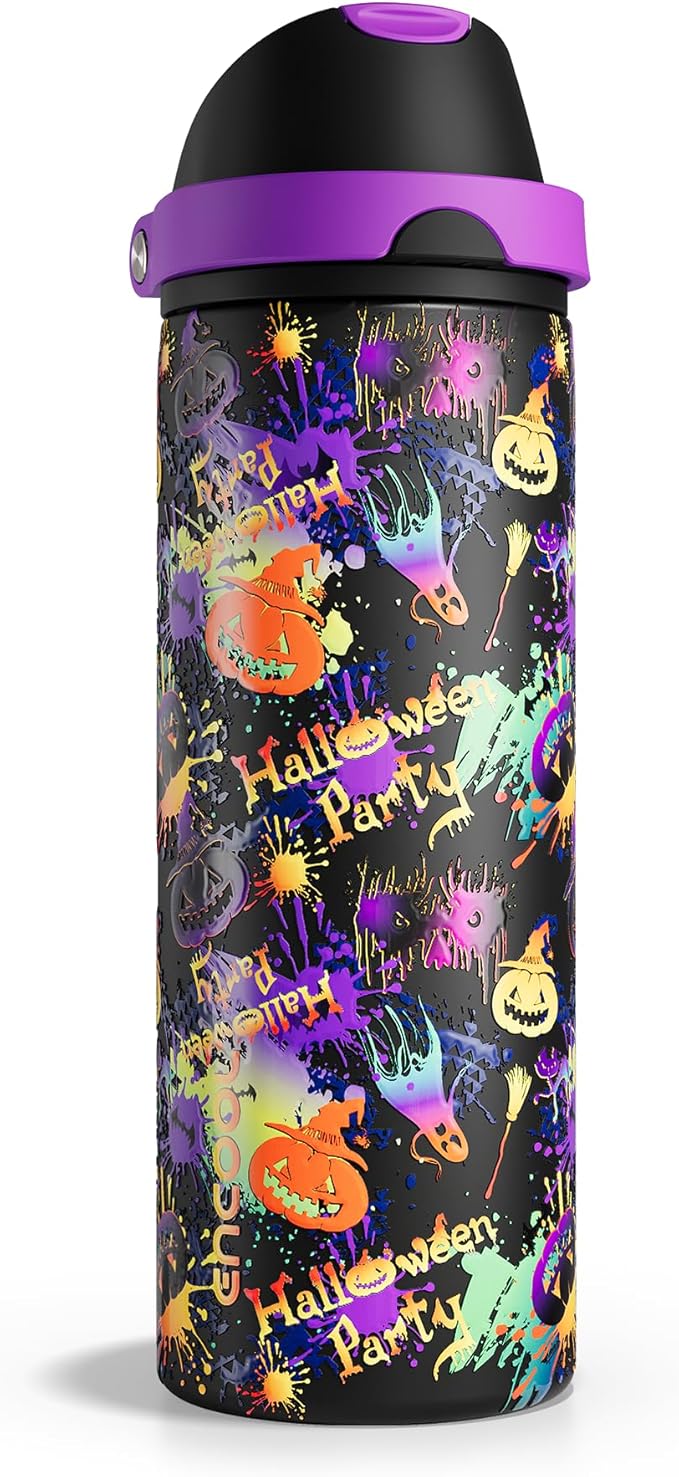 ENCOOL Halloween Insulated Water Bottle with Straw - Stainless Steel Water Bottle with Push Button Lid, Leak-Proof BPA-Free, Keeps Cold for 24 Hours for Halloween gifts, Party (24 oz, Ghost Party)