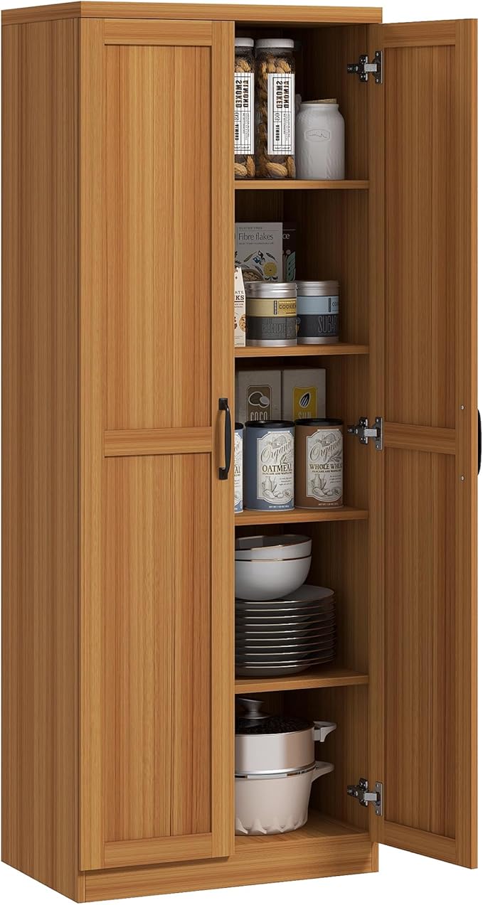HOMCOM 63" 2-Door Kitchen Pantry, Freestanding Storage Cabinet with 5-Tier Shelving and 2 Adjustable Shelves for Dining Room, Teak Wood Grain
