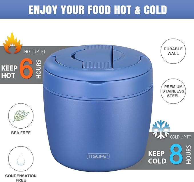 Soup Thermo for Hot Food Adults 32OZ Lunch Containers Wide Mouth Hot Food Jar Vacuum Insulated Stainless Steel Bento Box Leakproof with Spoon (Blue)