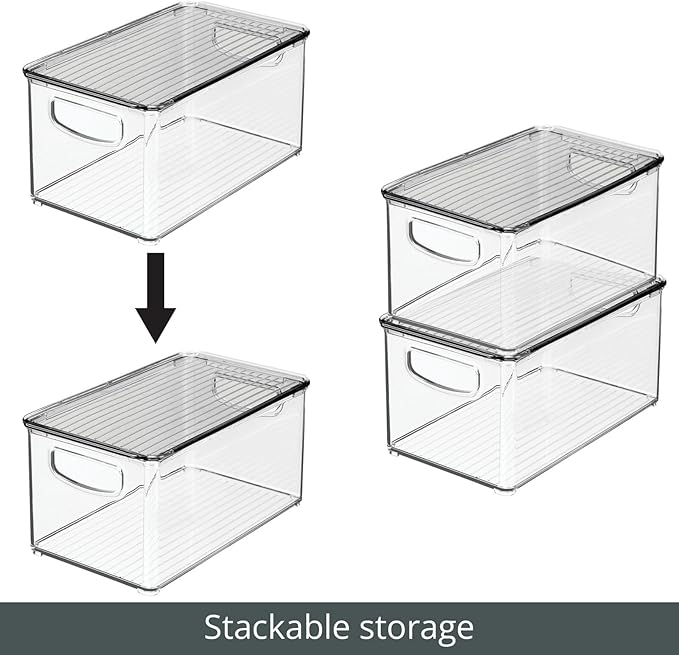 mDesign Plastic Deep Storage Bin Box Container with Lid and Built-In Handles - Organization for Fruit, Snacks, or Food in Kitchen Pantry, Cabinet, Cupboard, Ligne Collection, 2 Pack, Clear/Smoke Gray