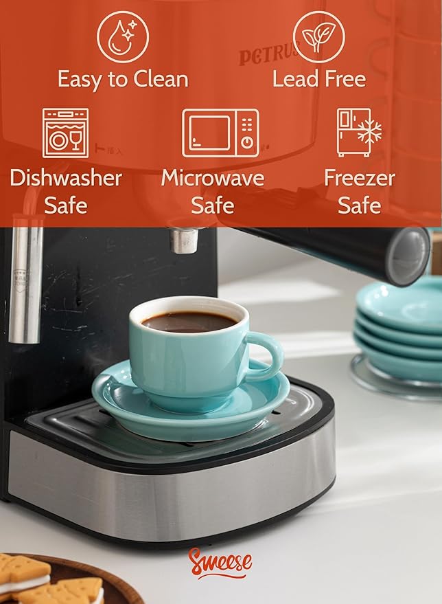 Sweese 2.5 Ounce Porcelain Stackable Espresso Cups with Saucers and Metal Stand Set of 4, Turquoise