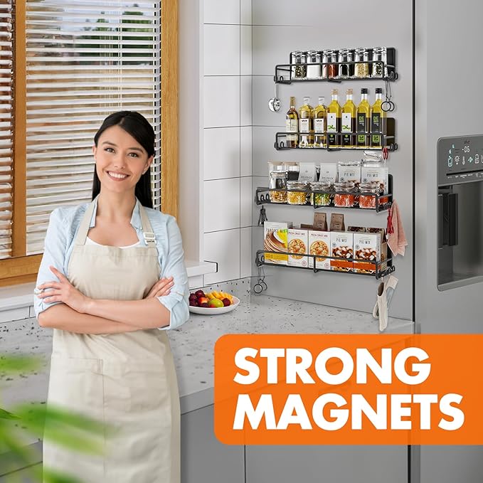 Magnetic Spice Rack for Refrigerator, 4 Pack Magnetic Fridge Shelf with Hooks, Spice Organizer Shelf for Kitchen Organization and Storage, Seasoning Organizer Gadgets for Metal Surface