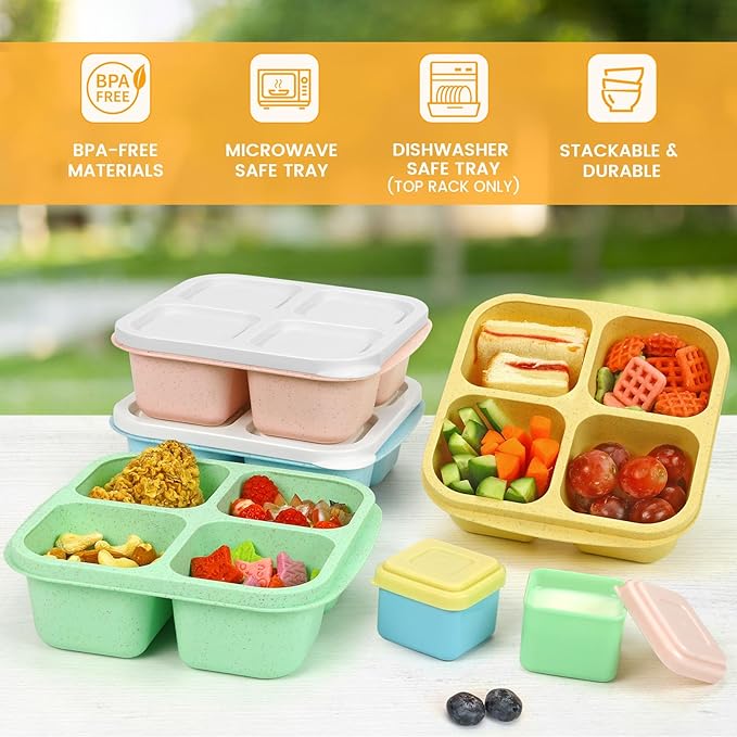 Caperci Lunchable Snack Containers - 4 Compartments Bento Snack Boxes (4 Pack) with 2 Leakproof Sauce Cups, Reusable Divided Food Containers for School, Work, Travel (Vintage Colors)