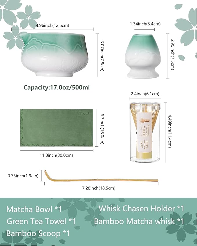 ZENS Matcha Whisk Set, 5pcs Matcha Kit Set Includes Ceramic Bowl, Bamboo Whisk and Chasen Holder, Scoop & Tea Mat for Matcha Ceremony, Blue