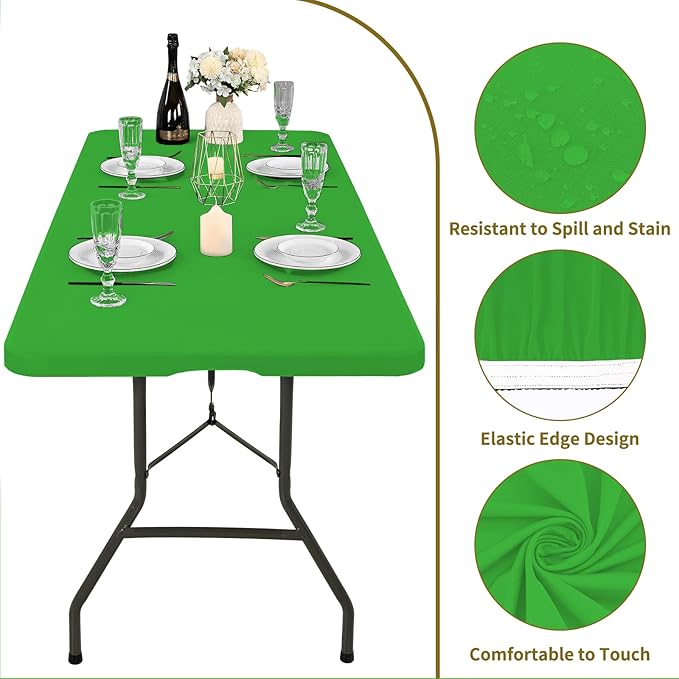 10 Pack Fitted Tablecloth for 6 Foot Rectangle Tables, Green Elastic Outdoor Picnic Table Cover, Washable Stretch Folding Table Cloths 6 ft for Camping Party Patio Kitchen Banquet, 30" W x 72" L