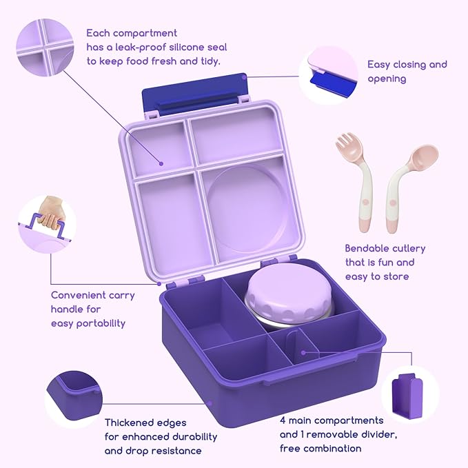 Bento Box for Kids - Leak-Proof Bento Lunch Box with Insulated Thermos Food Jar - 4 Compartments, 1 Removable Divider, 1Spoon, 1 Fork - Dishwasher Safe, BPA-Free (Light purple)