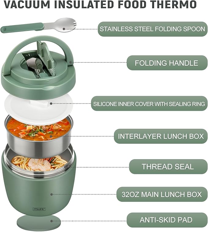 Soup Thermos for Hot Food Insulated Food Jar 32oz, Vacuum Insulated Stainless Steel Lunch Container - Wide Mouth Thermo for Soup & Food, Insulated lunch box Leakproof Bento Box with Spoon (Green)