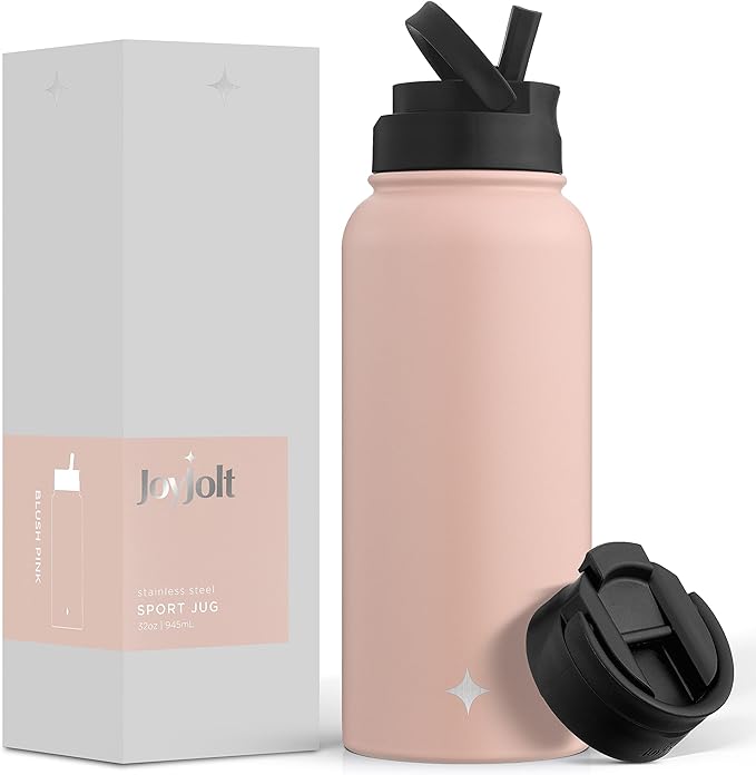 JoyJolt Triple Insulated Water Bottle with Straw Lid AND Flip Lid! 32oz, 12 Hour Hot/Cold Vacuum Insulated Stainless Steel Large Bottle. BPA-Free Leakproof Thermos Water Bottles