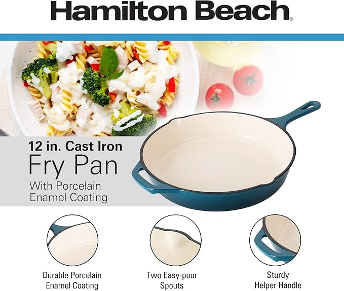 Hamilton Beach Enameled Cast Iron Fry Pan 12-Inch Navy, Cream Enamel Coating, Skillet Pan For Stove top and Oven, Even Heat Distribution, Durable