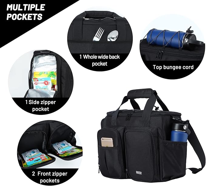 MIER Lunch Box for Men Heavy Duty Insulated Lunch Bag 20 Cans Large Leakproof Soft Cooler Bags with Multiple Pockets for Picnic Work Travel (Black)