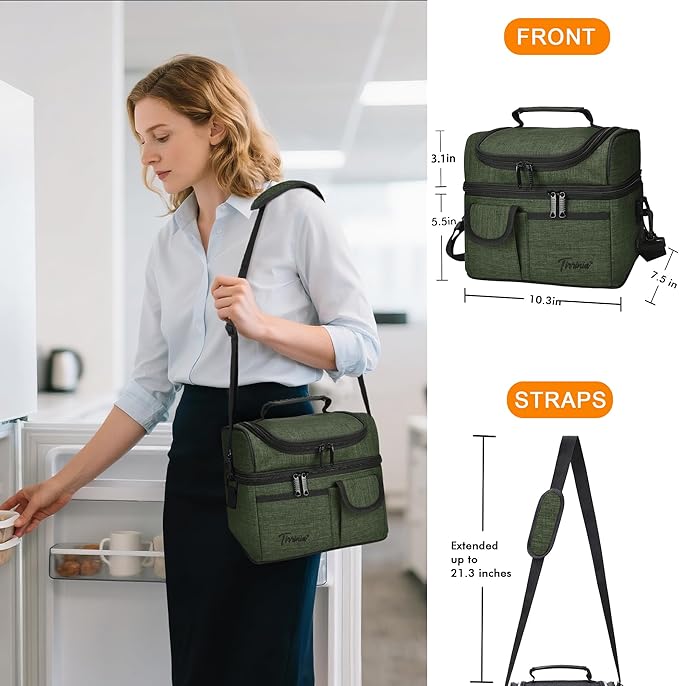 Tirrinia Reusable Lunch Box for Men Women, Insulated Lunch Bag Adult Work, Double Decker Leakproof Lunchbox for Office Picnic Beach—Dual Compartment Lunch Cooler Bag,Green
