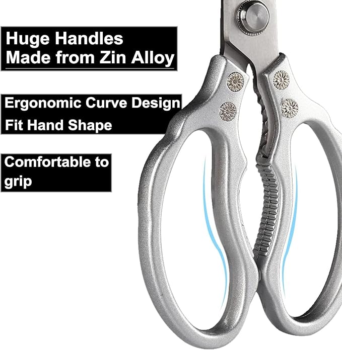AWinjoy Heavy Duty Sharp Kitchen Scissors, Dishwasher Safe, Cooking Shears for Meat, Chicken, Fish, Poultry, Herb, Bread (Silver)