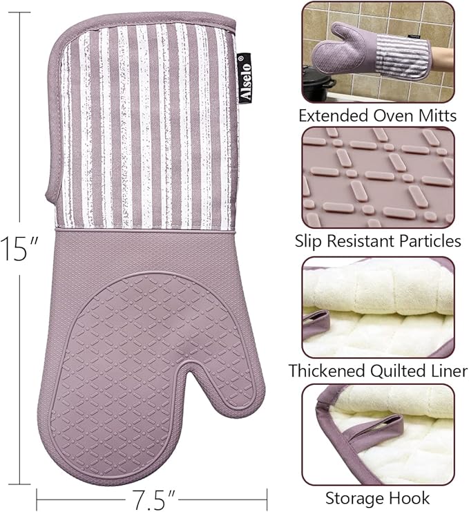 Silicone Oven Mitts Heat Resistant 932℉ with Waterproof & Non-Slip Kitchen Mittens, Set of 2 Extra Long Oven Gloves with Soft Cotton Terry Lining for Baking Cooking Barbecue(2, Purple Mitts)