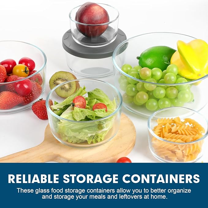 M MCIRCO 8-Pack Glass Food Storage Containers Set, Round Containers with Lids, 7, 4, 2 & 1-Cup, Microwave Dishwasher Friendly, BPA-Free Meal Prep Containers