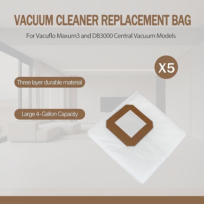 9637 Filter Bags Central Vacuum for Maxum 3/DB3000, Replacement 9520 Vacuflo Maxum Vacuum Systems, 5 Pack