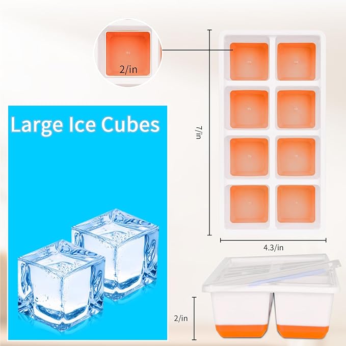 Large Ice Cube Trays with Lid, Jrisbo 2 Pack Stackable Silicone Ice Cube Molds for Freezer, Easy Release 16 Big Square Ice Trays for Whisky Cocktails (Orange)