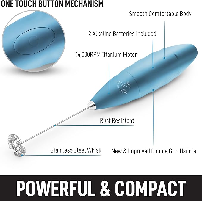 Zulay Double Grip Milk Frother with Holster Stand – Handheld Electric Coffee Frother, One-Touch Foam Maker – Detachable SS Whisk for Latte, Cappuccino, Matcha, Hot Chocolate – Metallic Ice Blue