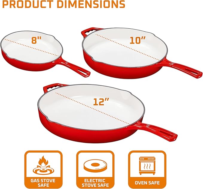 Bruntmor Set of 3 Enameled Cast Iron Skillets - Includes 8, 10, and 12 Inch Cast Iron Pan with Ceramic Nonstick Coating and Tempered Glass Lid - Durable Cookware for Frying, Baking, and Grilling - Red