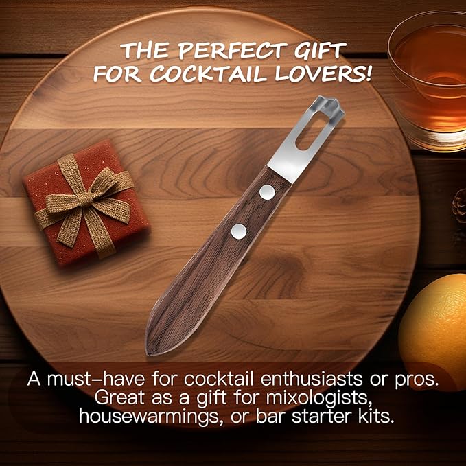 Channel Knife for Zesting Stainless Steel Bar Tool with Wood Handle, Curved Blade for Lemon/Orange Twists Cocktail Garnish Tool for Bartenders & Home Mixologists