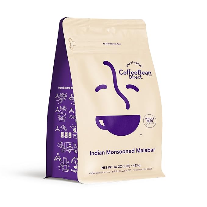 Coffee Bean Direct Indian Monsooned Malabar, Whole Bean Coffee, Light Roast, 1 Pound Bag (Pack of 1)