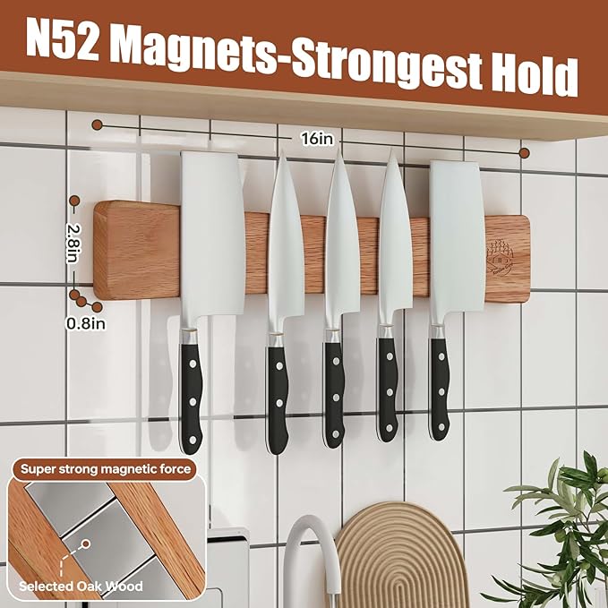 Magnetic Knife Strip, 16 Inch Magnetic Knife Holder for Wall with N52 Strong Magnets, Premium Oak Wooden Knife Magnetic Strip Organizer for Kitchen Knives & Tools,No Drilling