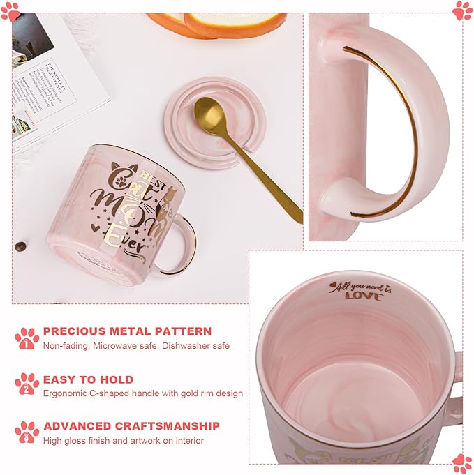 Cat Mom Gifts for Women, Cat Gifts for Cat Lovers - Best Cat Mom Ever - 14oz Pink Ceramic Marble Gold Pattern Coffee Mug with Gift Box, Christmas gifts for Crazy Cat Lady, Mom Wife Daughter Friends