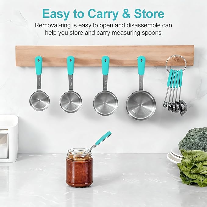 Measuring Cups and Spoons Set Stainless Steel 10 Piece for Cooking and Baking (5 Cups + 5 Spoons, Aqua Sky Handle)