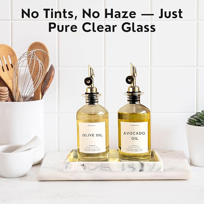 Clear Glass Olive Oil Dispenser Bottles For Kitchen With Silicone Tray & 40 Labels, Soy Sauce Dispenser, Coffee Syrup Dispenser, Olive Oil Bottles Set Of 2, Gold