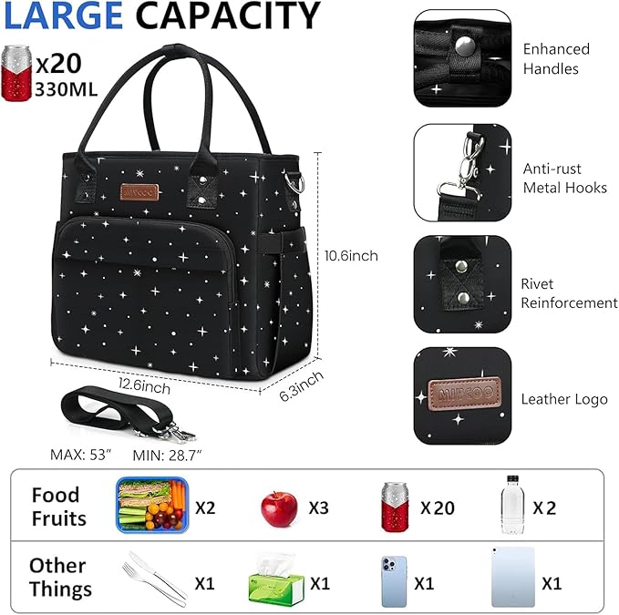 MIYCOO Lunch Bag Lunch Box Women - Leakproof Insulated Lunch Cooler Bag for Women - Large Lunch Tote Bags Adults, Black Starry Sky