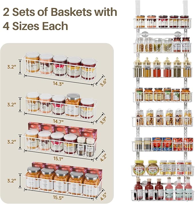 Delamu Adjustable Cabinet Door Organizer, 8-Tier Hanging Spice Rack Organizer, Metal Over the Door Pantry Organizer, Pantry Organizers and Storage Shelves for Kitchen Bathroom Laundry Room, White