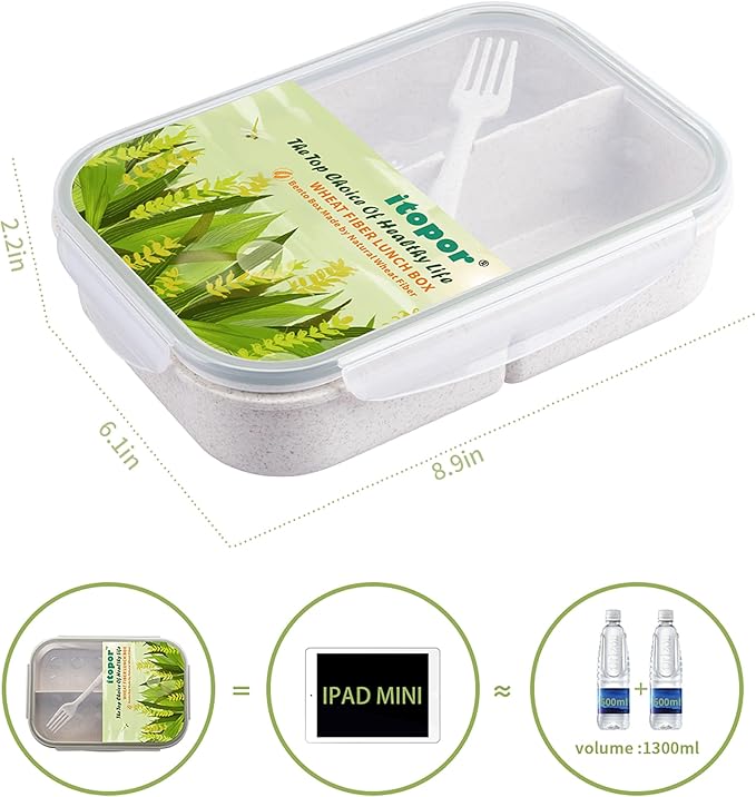 Wheat Straw Bento Box Adult, Leakproof Lunch Box Kids, BPA-Free Microwave Safe Lunch Containers with 3 Compartments (White, Regular Size)