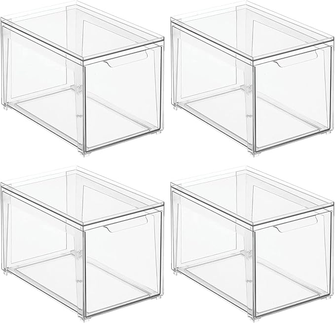 mDesign Plastic Stackable Bathroom Storage with Pull Out Bin Organizer Drawer for Cabinet, Vanity, Shelf, Cupboard, Cabinet, or Closet Organization - Lumiere Collection - 4 Pack - Clear