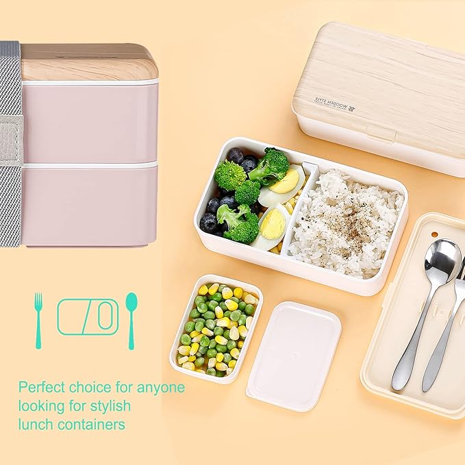 Original Bento Box Lunch Box Japanese Style 2 Layer Food Containers with Utensils Spoon and Fork Bundle Divider Salad Box for Men Women(Pink)