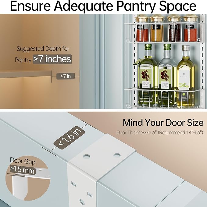 Delamu Pantry Door Organizer, Adjustable Metal Over the Door Pantry Organizer Rack, 6-Tier Over the Door Spice Rack, Kitchen Pantry Door Organizers and Storage, D5 W12 H52.1 inch, White, Small