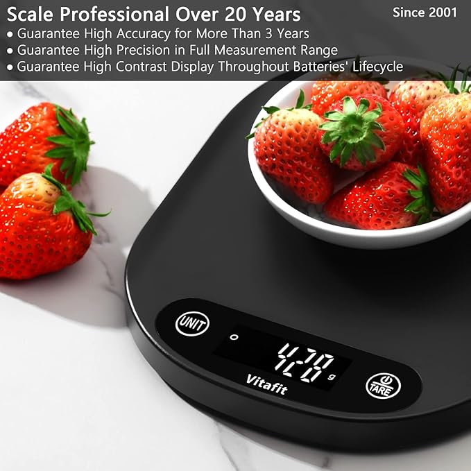 Vitafit 33lb/15kg Digital Food Scale in High Precision 0.1oz/1g, Our Own Kitchen Scale Professional Factory Since 2001, Home and Kitchen Essentials for Cooking and Baking, LED, 3*AAA Batteries, Black