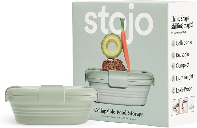 STOJO Collapsible Sandwich Box – 24oz, Reusable Food Storage Container, Silicone Bowl for Hot/Cold Food – Meal Prep, Lunch, Camping, Hiking – Dishwasher Safe (Set of 1, Sage)