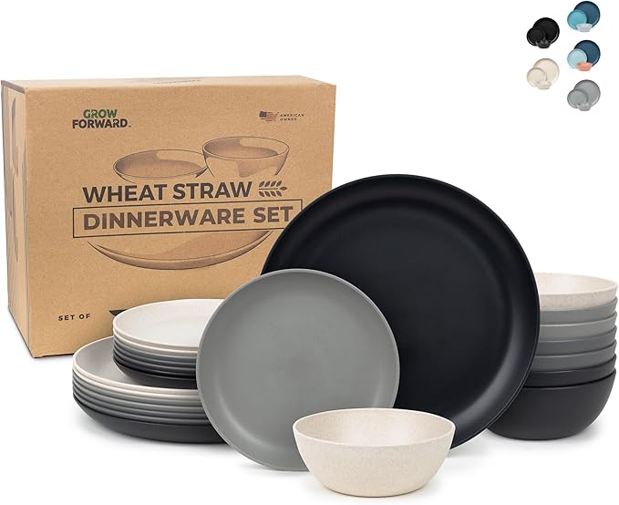 Grow Forward 24-piece Premium Wheat Straw Dinnerware Sets for 8 - Unbreakable Dishwasher & Microwave Safe Plastic Plates and Bowls Sets - Patio, Outdoors, RV, Camping Dishes - Moonlight