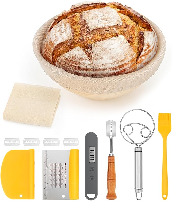 CODOGOY Banneton Bread Proofing Basket, Sourdough Bread Baking Supplies, Sourdough Starter Kit with 9" Round Proofing Basket, Food Thermometer, Spatula, Scraper, Dough Whisk