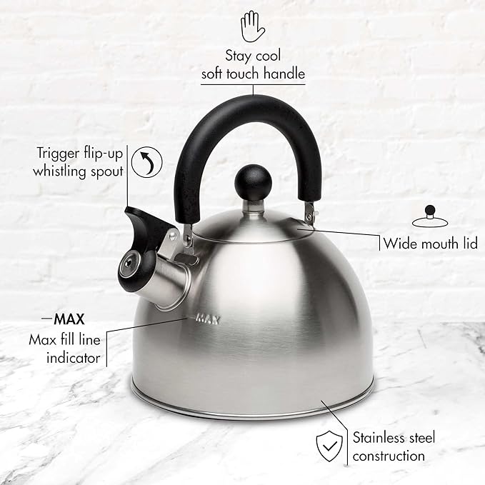 Primula Stewart Whistling Stovetop Tea Kettle Food Grade Stainless Steel, Hot Water Fast to Boil, Cool Touch Folding, 1.5-Quart, Brushed with Black Handle (Pack of 4)
