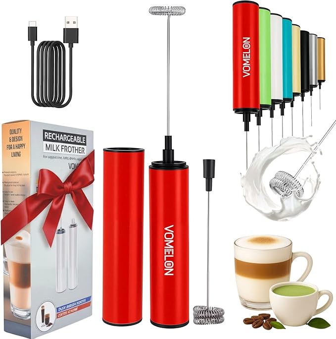 Milk Frother, Rechargeable Battery Operated Frother for Coffee,Portable Drink Mixer with 2 Stainless Steel Whisk Heads,Milk Foamer for Keto Coffee, Latte, Cappuccino, Hot Chocolate,Rube Red