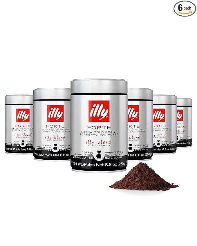 Illy Ground Drip Coffee - Forte Extra Bold Roast Coffee - Rich & Strong Flavor - 100% Arabica - Pre-Ground for Drip Pour Over - Pressurized Packaging Sealed for Freshness - 8.8oz (Pack of 6)