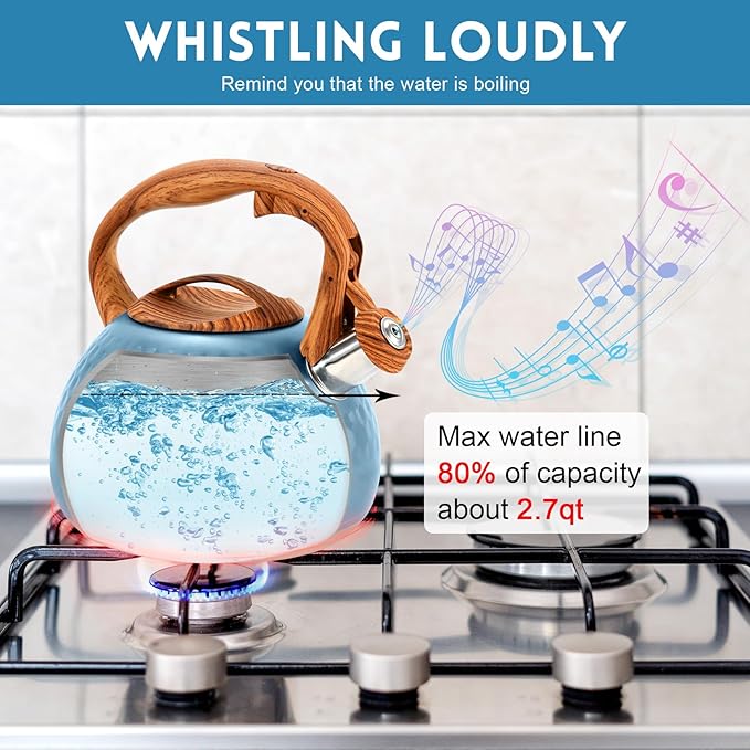 GGC Tea Kettle for Stove Top, Loud Whistling Kettle for Boiling Water Coffee or Milk, 3.1 Quart 3L Heavy Stainless Steel Blue Kettle with Wood Pattern Handle, Unique Button Control Kettle Outlet