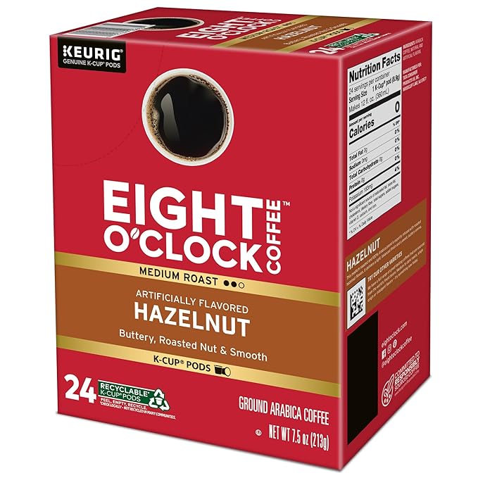 Eight O'Clock Coffee Hazelnut, Single-Serve Keurig K-Cup Pods, Flavored Medium Roast Coffee Pods, 96 Count