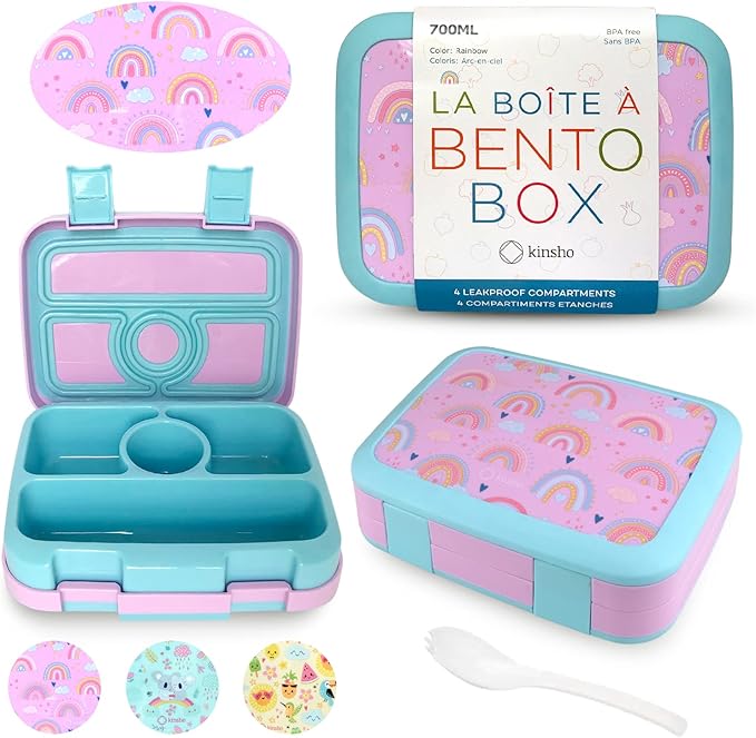 kinsho Kids Bento Lunch Box, Reusable Meal and Snack Container, Lunch Boxes For Small Girls & Toddlers Lunches, 4 Compartment - School, Daycare, Drop-Proof BPA Free, Purple Rainbow