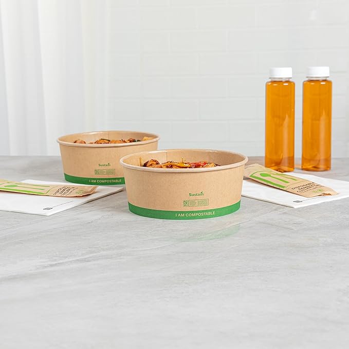 Restaurantware Compostable Paper Food Containers 200 Pack Of 50 oz BPI-Certified Round Kraft Salad Bowls Disposable Grease-Resistant Meal Prep Take Out Containers For Ice Creams, Soups, Snacks