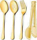 LIANYU 12-Piece Large Gold Serving Utensils Set, 9.8 Inch Stainless Steel Serving Spoons Forks Tongs Set, Perfect for Hostess Buffet Catering Party, Dishwasher Safe