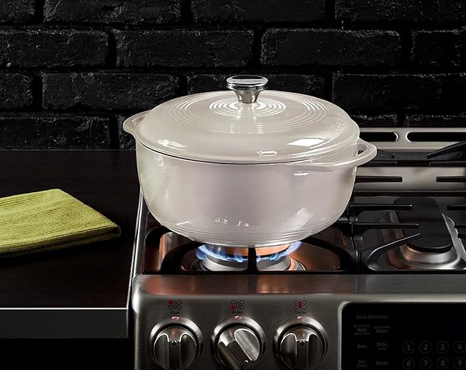 Lodge 7.5 Quart Enameled Cast Iron Dutch Oven with Lid – Dual Handles – Oven Safe up to 500° F or on Stovetop - Use to Marinate, Cook, Bake, Refrigerate and Serve – Oyster White